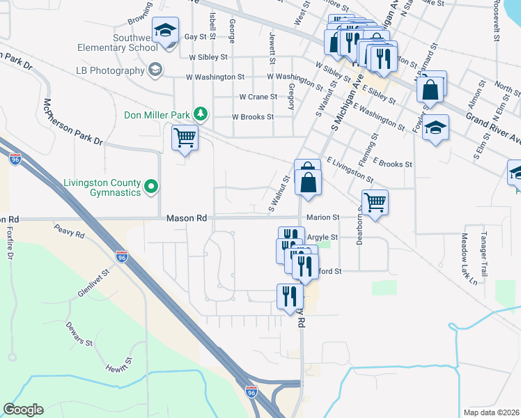 map of restaurants, bars, coffee shops, grocery stores, and more near 205 Mason Road in Howell