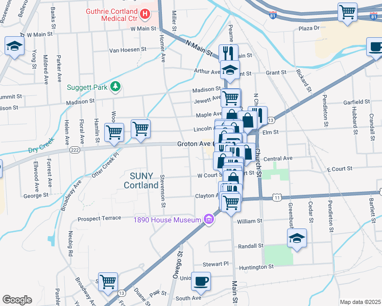 map of restaurants, bars, coffee shops, grocery stores, and more near 15 Pleasant Street in Cortland