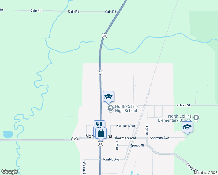 map of restaurants, bars, coffee shops, grocery stores, and more near 10345 Main Street in North Collins