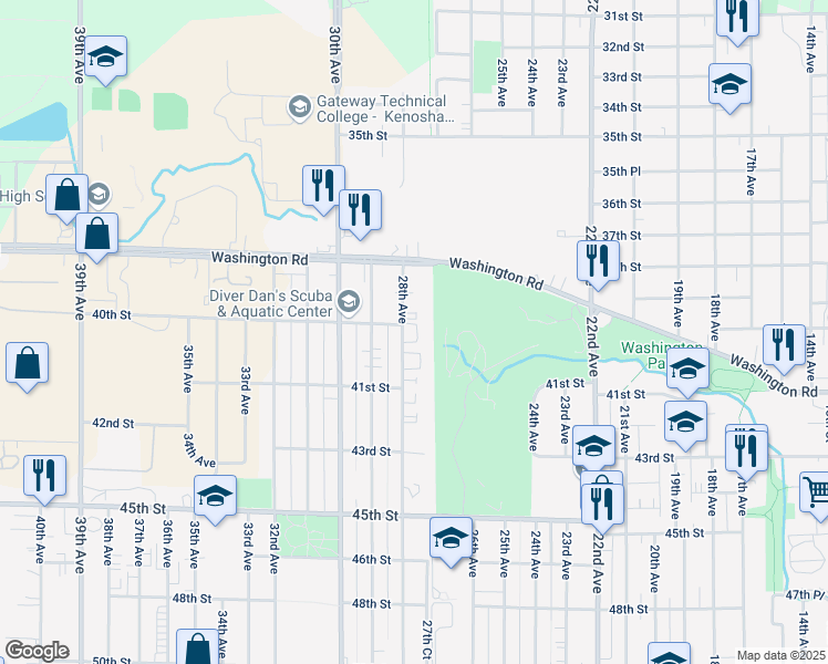 map of restaurants, bars, coffee shops, grocery stores, and more near 4021 28th Avenue in Kenosha
