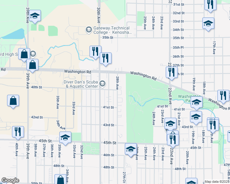 map of restaurants, bars, coffee shops, grocery stores, and more near 4021 28th Avenue in Kenosha