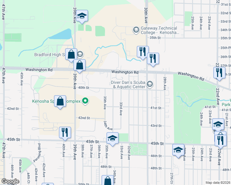 map of restaurants, bars, coffee shops, grocery stores, and more near 4034 34th Avenue in Kenosha