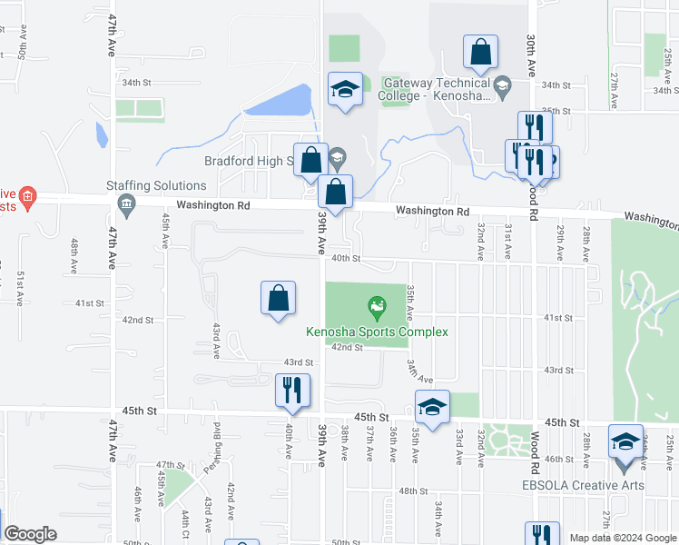 map of restaurants, bars, coffee shops, grocery stores, and more near 3800 42nd Street in Kenosha