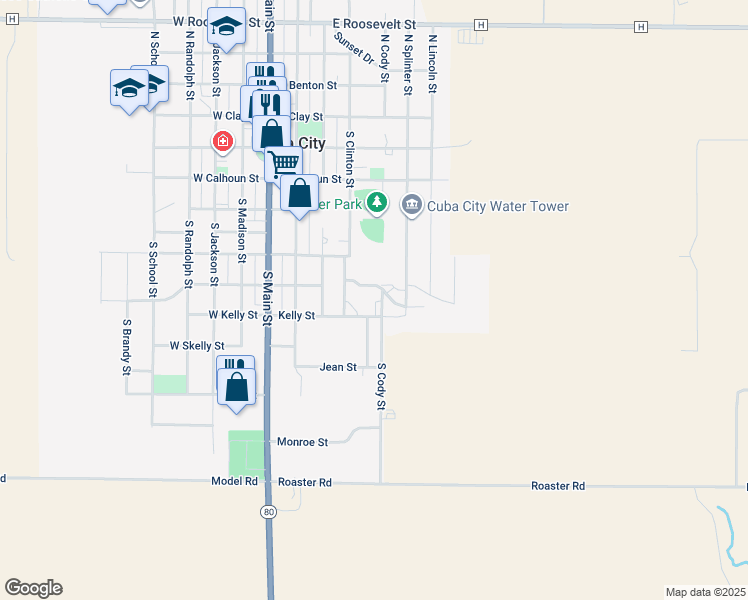 map of restaurants, bars, coffee shops, grocery stores, and more near 420 E Kelly Street in Cuba City