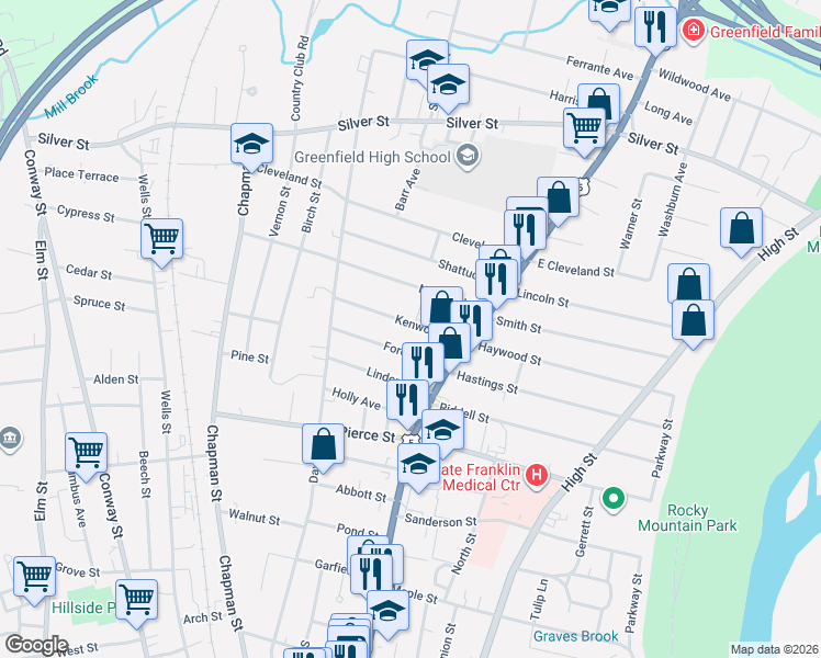 map of restaurants, bars, coffee shops, grocery stores, and more near 28 Kenwood Street in Greenfield