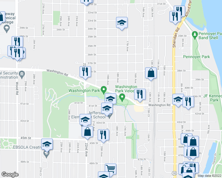 map of restaurants, bars, coffee shops, grocery stores, and more near 1828 Washington Road in Kenosha