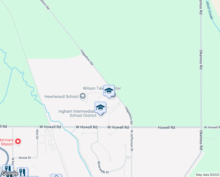 map of restaurants, bars, coffee shops, grocery stores, and more near 625 Hagadorn Road in Mason