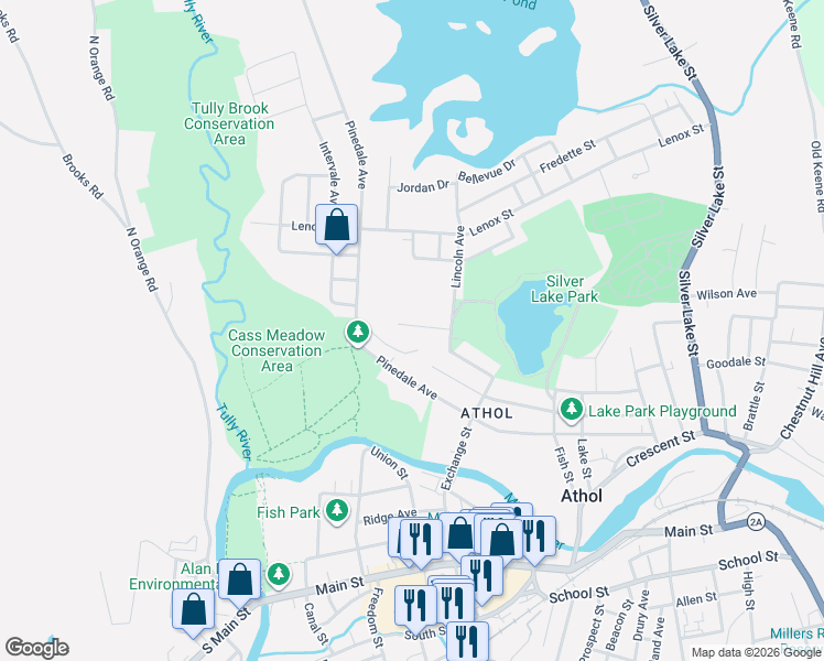 map of restaurants, bars, coffee shops, grocery stores, and more near 80 Stevens Street in Athol