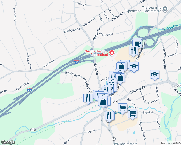 map of restaurants, bars, coffee shops, grocery stores, and more near 14 Worthen Street in Chelmsford