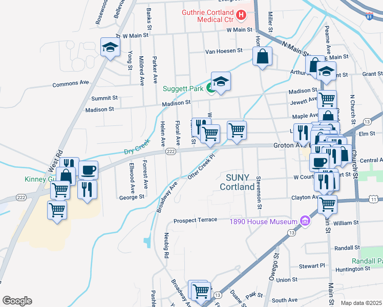 map of restaurants, bars, coffee shops, grocery stores, and more near 133 Groton Avenue in Cortland