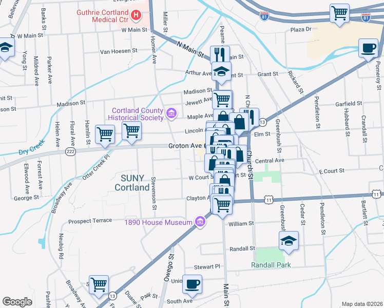 map of restaurants, bars, coffee shops, grocery stores, and more near 15 Pleasant Street in Cortland