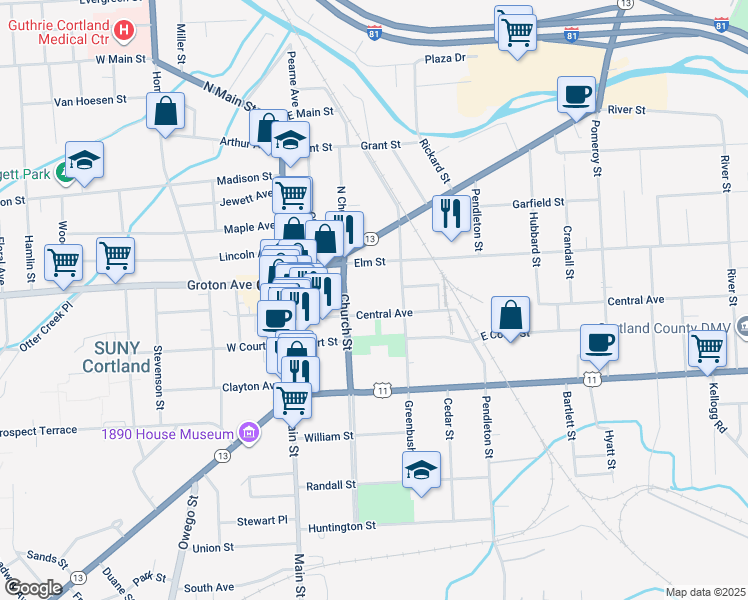map of restaurants, bars, coffee shops, grocery stores, and more near 60 Central Avenue in Cortland