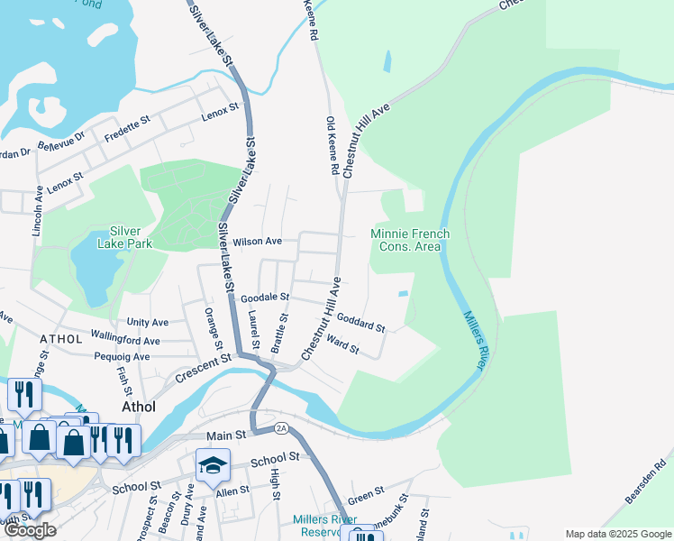 map of restaurants, bars, coffee shops, grocery stores, and more near 458 Chestnut Hill Avenue in Athol