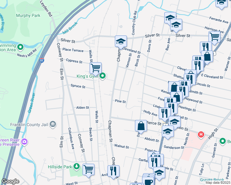 map of restaurants, bars, coffee shops, grocery stores, and more near 292 Chapman Street in Greenfield