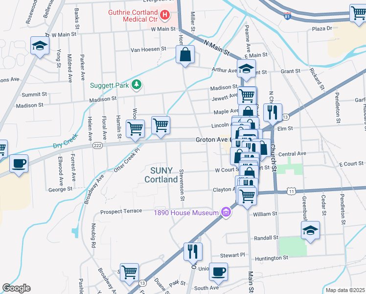 map of restaurants, bars, coffee shops, grocery stores, and more near 13 Stevenson Street in Cortland