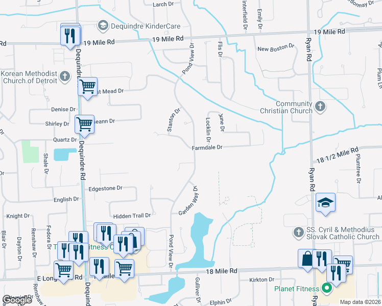 map of restaurants, bars, coffee shops, grocery stores, and more near 42002 Pond View Drive in Sterling Heights