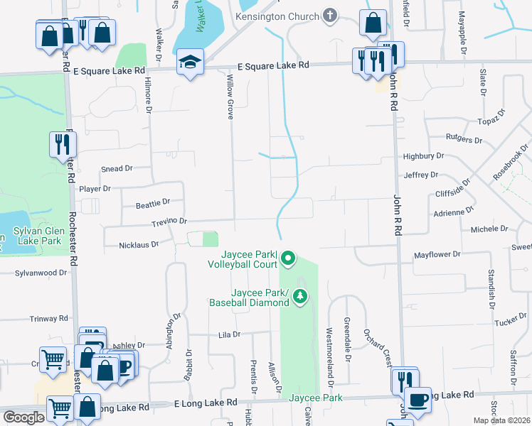map of restaurants, bars, coffee shops, grocery stores, and more near 5485 Allison Drive in Troy
