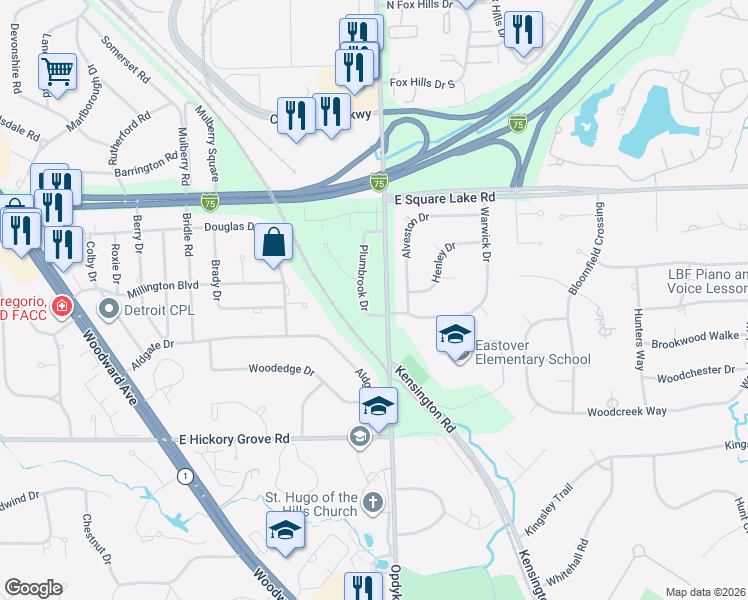 map of restaurants, bars, coffee shops, grocery stores, and more near 2786 Plumbrook Drive in Bloomfield Hills