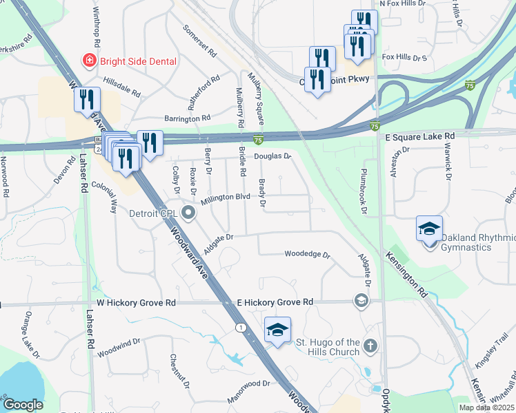 map of restaurants, bars, coffee shops, grocery stores, and more near 2761 Bridle Road in Bloomfield Hills