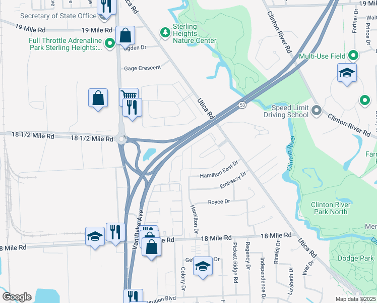 map of restaurants, bars, coffee shops, grocery stores, and more near 8687 Winchester Drive in Sterling Heights