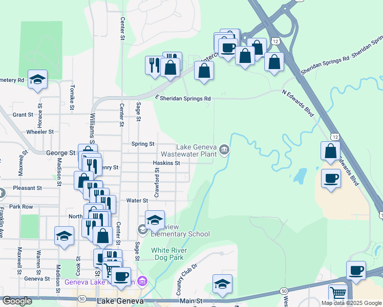map of restaurants, bars, coffee shops, grocery stores, and more near 943 Waverly Street in Lake Geneva