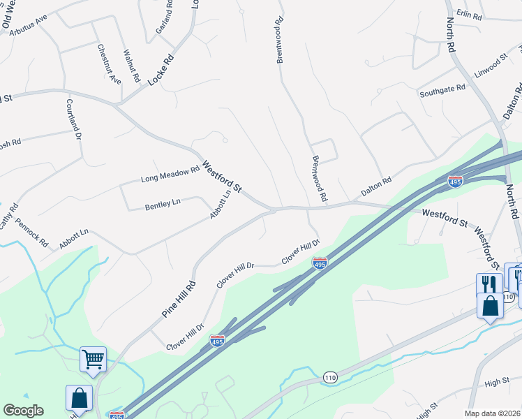 map of restaurants, bars, coffee shops, grocery stores, and more near 4 Lantern Lane in Chelmsford