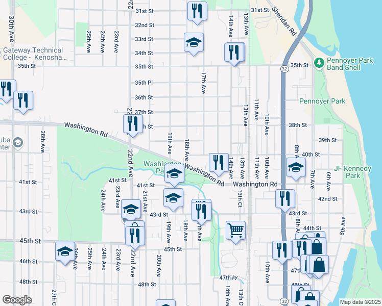 map of restaurants, bars, coffee shops, grocery stores, and more near 3905 18th Avenue in Kenosha