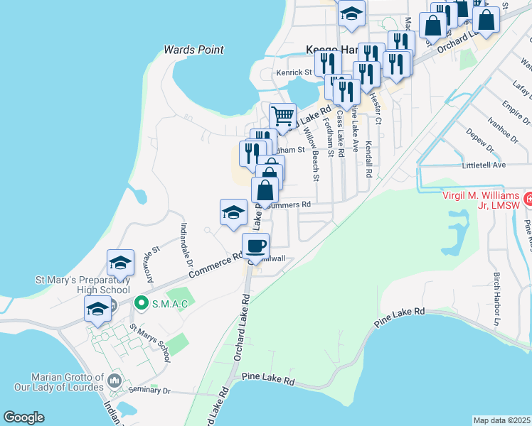 map of restaurants, bars, coffee shops, grocery stores, and more near 3300 Orchard Lake Road in Orchard Lake Village