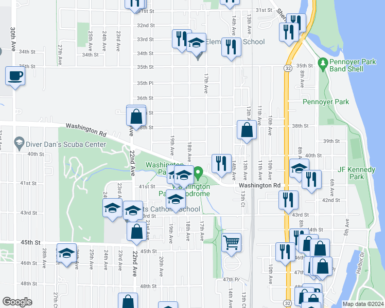 map of restaurants, bars, coffee shops, grocery stores, and more near 1724 40th Street in Kenosha