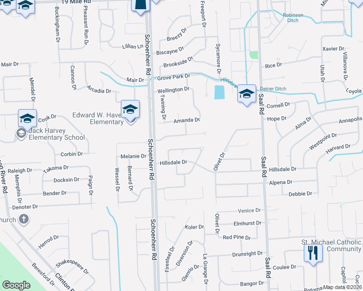 map of restaurants, bars, coffee shops, grocery stores, and more near 13782 Charrington Drive in Sterling Heights