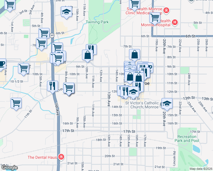 map of restaurants, bars, coffee shops, grocery stores, and more near 1016 12th Avenue in Monroe