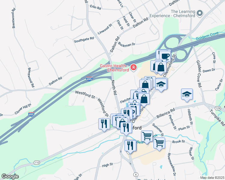 map of restaurants, bars, coffee shops, grocery stores, and more near 43 North Road in Chelmsford