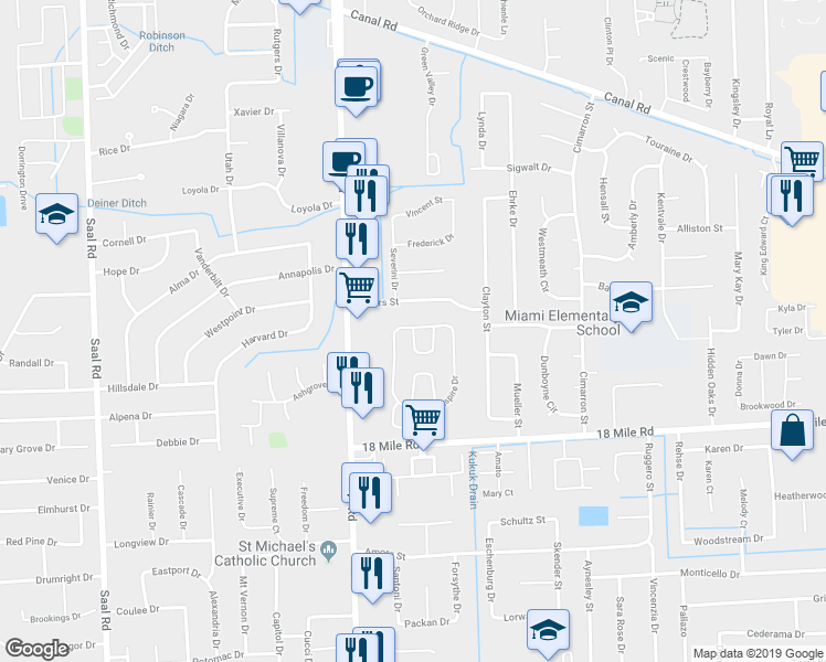 map of restaurants, bars, coffee shops, grocery stores, and more near 41360 Redmond Court in Charter Township of Clinton