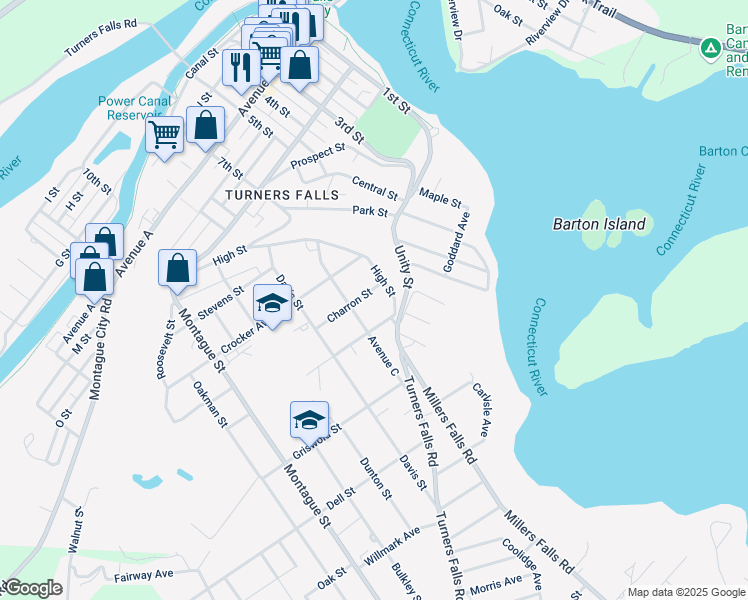 map of restaurants, bars, coffee shops, grocery stores, and more near 92 High Street in Montague