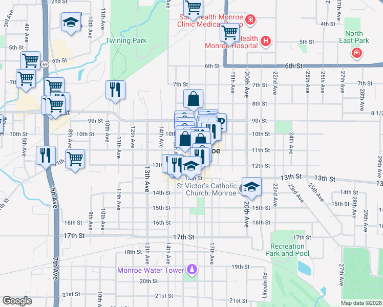 map of restaurants, bars, coffee shops, grocery stores, and more near 1021 16th Avenue in Monroe