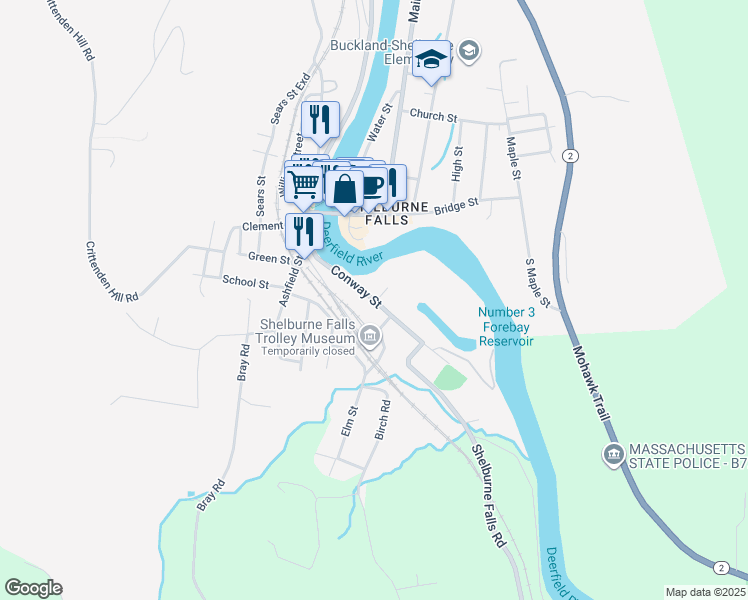 map of restaurants, bars, coffee shops, grocery stores, and more near 44 Conway Street in Shelburne Falls