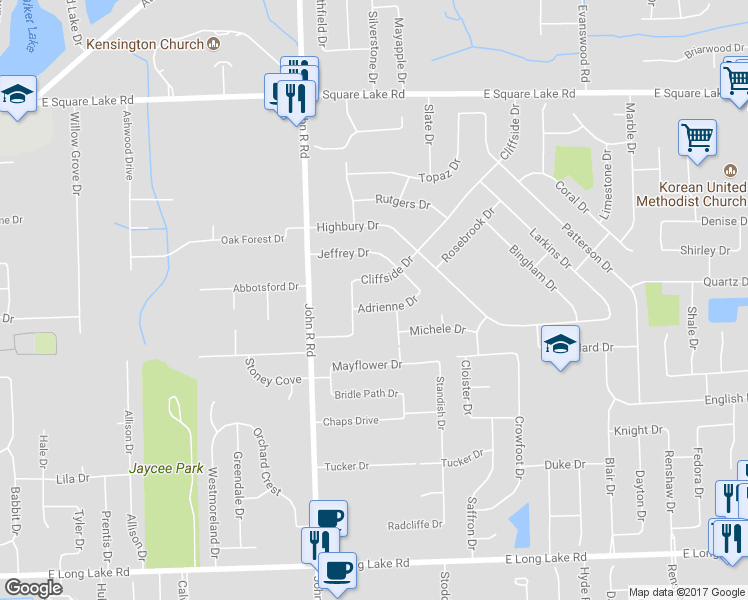 map of restaurants, bars, coffee shops, grocery stores, and more near 2107 Adrienne Drive in Troy