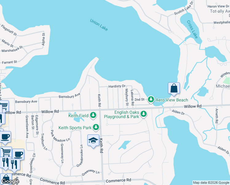 map of restaurants, bars, coffee shops, grocery stores, and more near 7401 Hardisty Drive in West Bloomfield Township