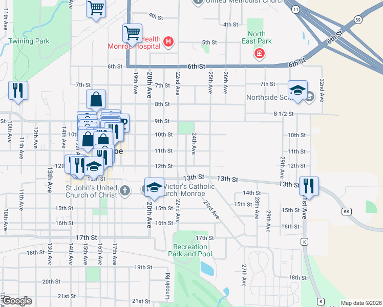 map of restaurants, bars, coffee shops, grocery stores, and more near 1016 24th Avenue in Monroe