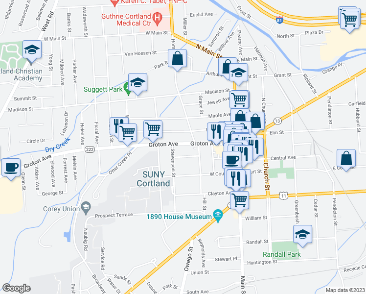 map of restaurants, bars, coffee shops, grocery stores, and more near 57 Groton Avenue in Cortland