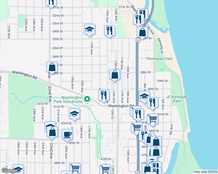 map of restaurants, bars, coffee shops, grocery stores, and more near 3836 13th Avenue in Kenosha