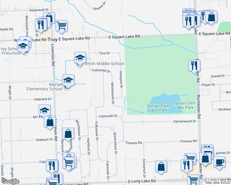 map of restaurants, bars, coffee shops, grocery stores, and more near 5673 Glasgow Drive in Troy