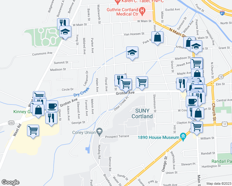 map of restaurants, bars, coffee shops, grocery stores, and more near 1 Hamlin Street in Cortland