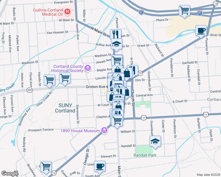 map of restaurants, bars, coffee shops, grocery stores, and more near 13 Groton Avenue in Cortland