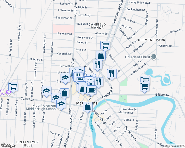 map of restaurants, bars, coffee shops, grocery stores, and more near 9 Welts Street in Mount Clemens