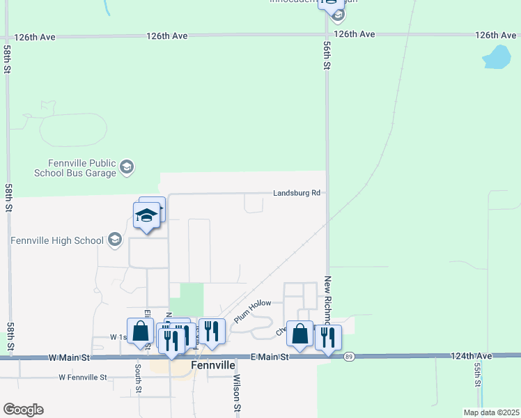map of restaurants, bars, coffee shops, grocery stores, and more near 5635 Landsburg Road in Fennville