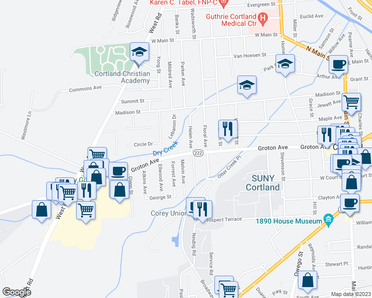 map of restaurants, bars, coffee shops, grocery stores, and more near 160 Groton Avenue in Cortland