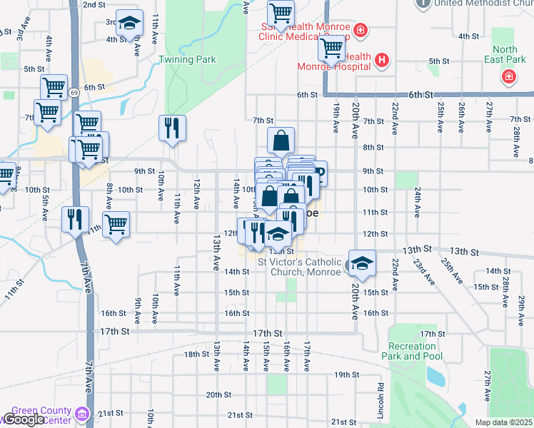 map of restaurants, bars, coffee shops, grocery stores, and more near 1514 11th Street in Monroe