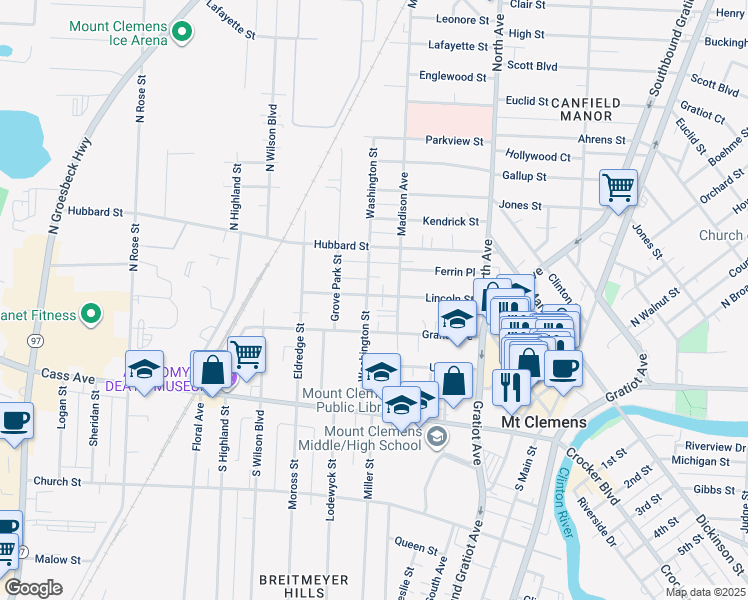 map of restaurants, bars, coffee shops, grocery stores, and more near 92 Lincoln Street in Mount Clemens