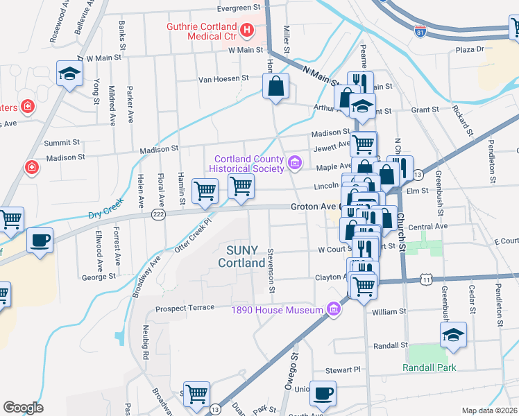 map of restaurants, bars, coffee shops, grocery stores, and more near 73 Groton Avenue in Cortland